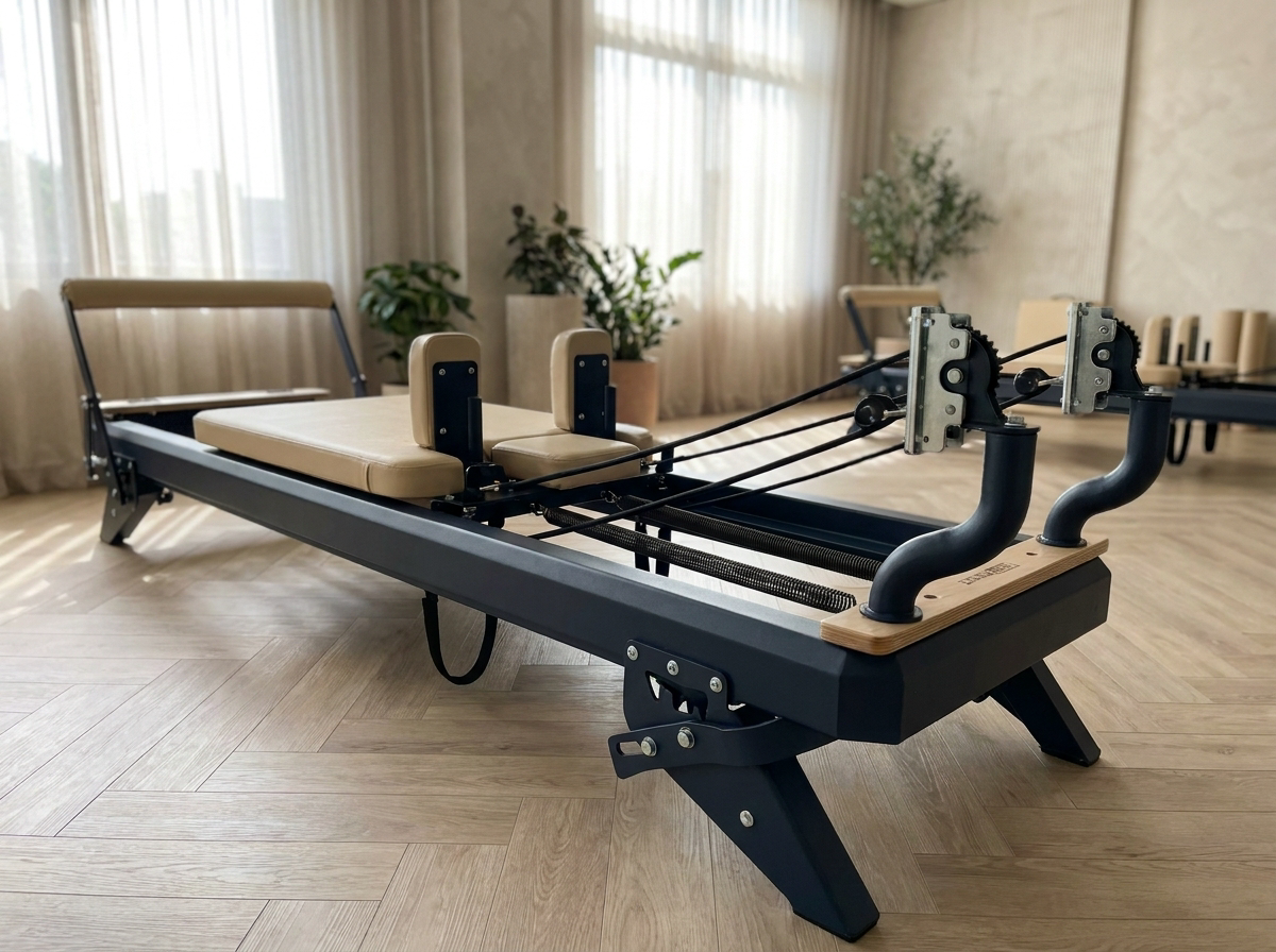 Detailansicht eines Pilates Reformers mit Stahlschiene und Federsystem in einem hellen Boutique-Studio