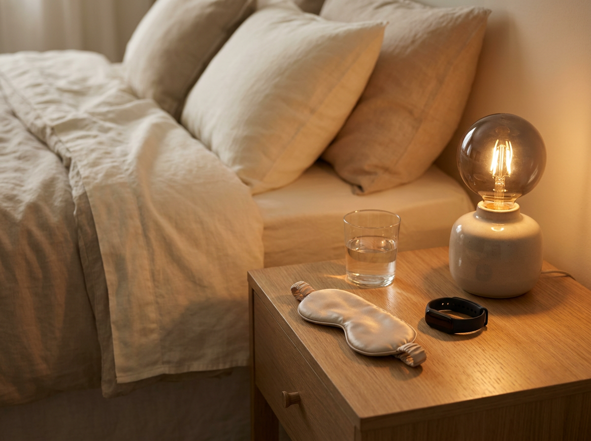 Ruhige Abendszene mit Bett in weichem Licht, Wasserglas, Schlafmaske und Schlaf-Tracker auf dem Nachttisch