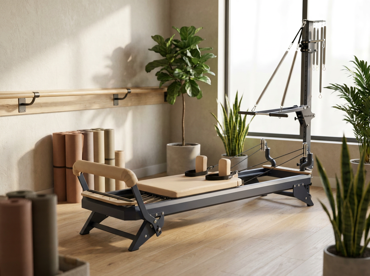 Hegren TALMA 62CT+ Reformer mit Tower-System in einer hellen Multi-Format-Studioecke mit Yoga-Matten