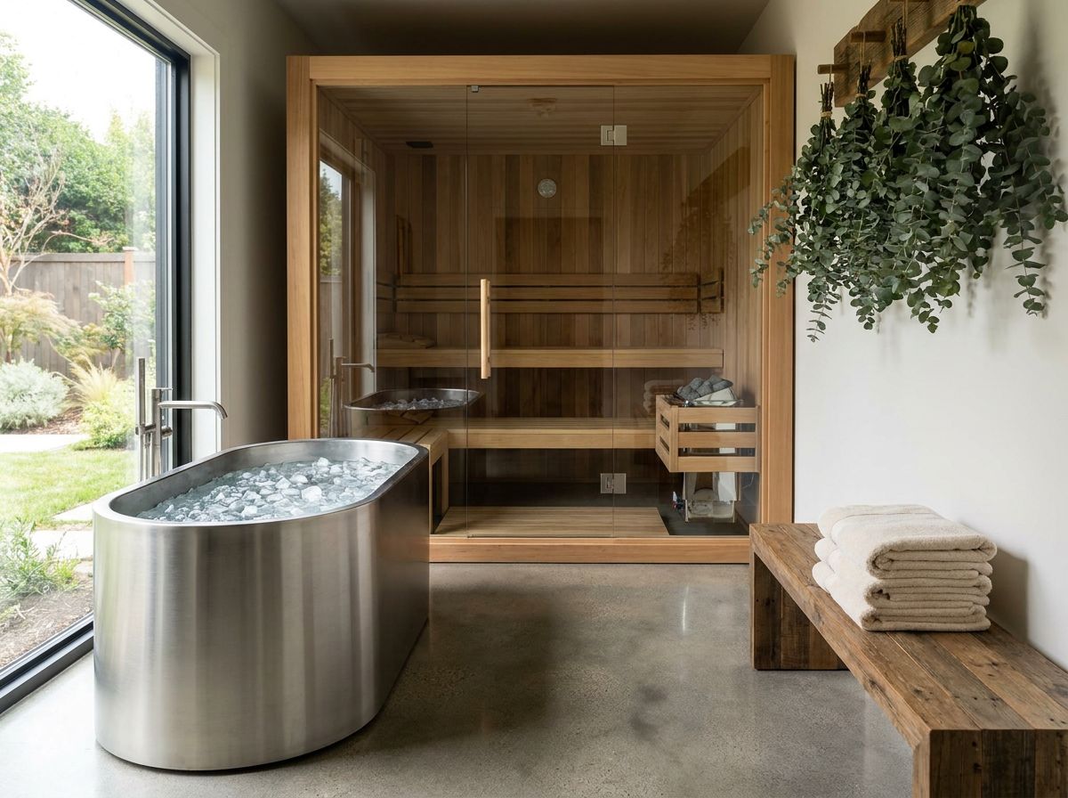 Modernes Edelstahl-Eisbad neben einer finnischen Sauna in einem Recovery-Studio