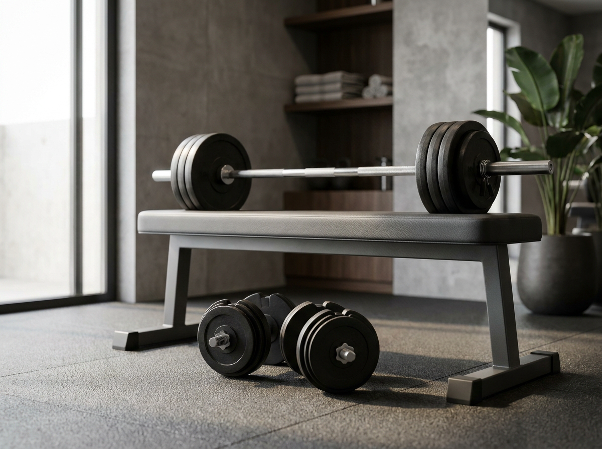 Verstellbare Hanteln und eine Langhantel auf einer Flachbank im Home-Gym