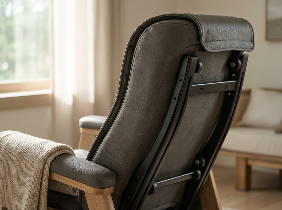 Detailansicht der Rückenlehne und SL-Track-Führungsschiene eines modernen Massagesessels