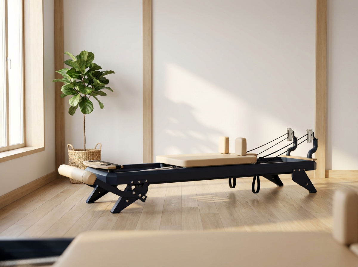 Hegren Reformer TALMA 62 mit Stahlrahmen in einer ruhigen Studio-Ecke