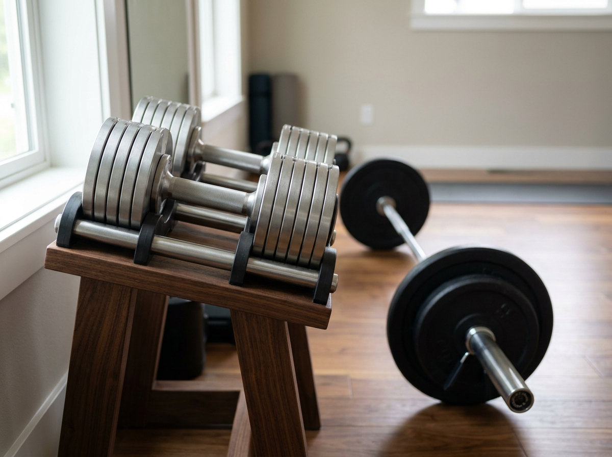 Verstellbare Hanteln und eine Langhantel auf dem Boden eines modernen Home-Gyms