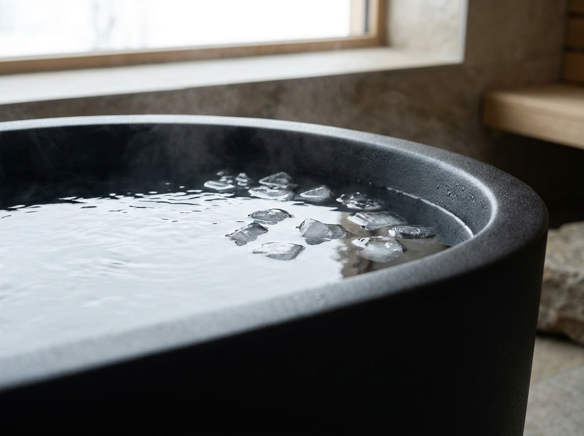 Nahaufnahme der klaren eiskalten Wasseroberfläche einer Cold-Plunge-Tonne mit Eiswürfeln