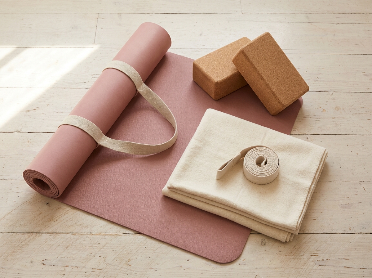 Yoga-Grundausstattung für Anfänger: rutschfeste Matte, Korkblöcke, Gurt und Decke