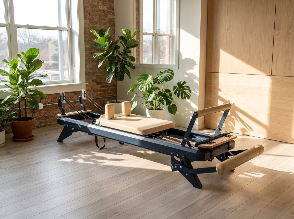 Stahlrahmen-Reformer in einer Praxis-Ecke mit Pflanzen und Tageslicht – Setting für therapieorientiertes Pilates