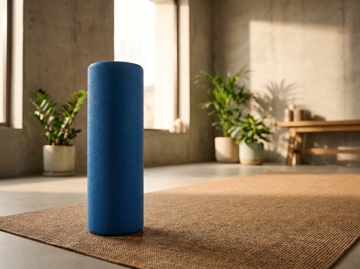 Strukturierte Massagerolle aufrecht auf einer Yogamatte in ruhigem Wellnessraum