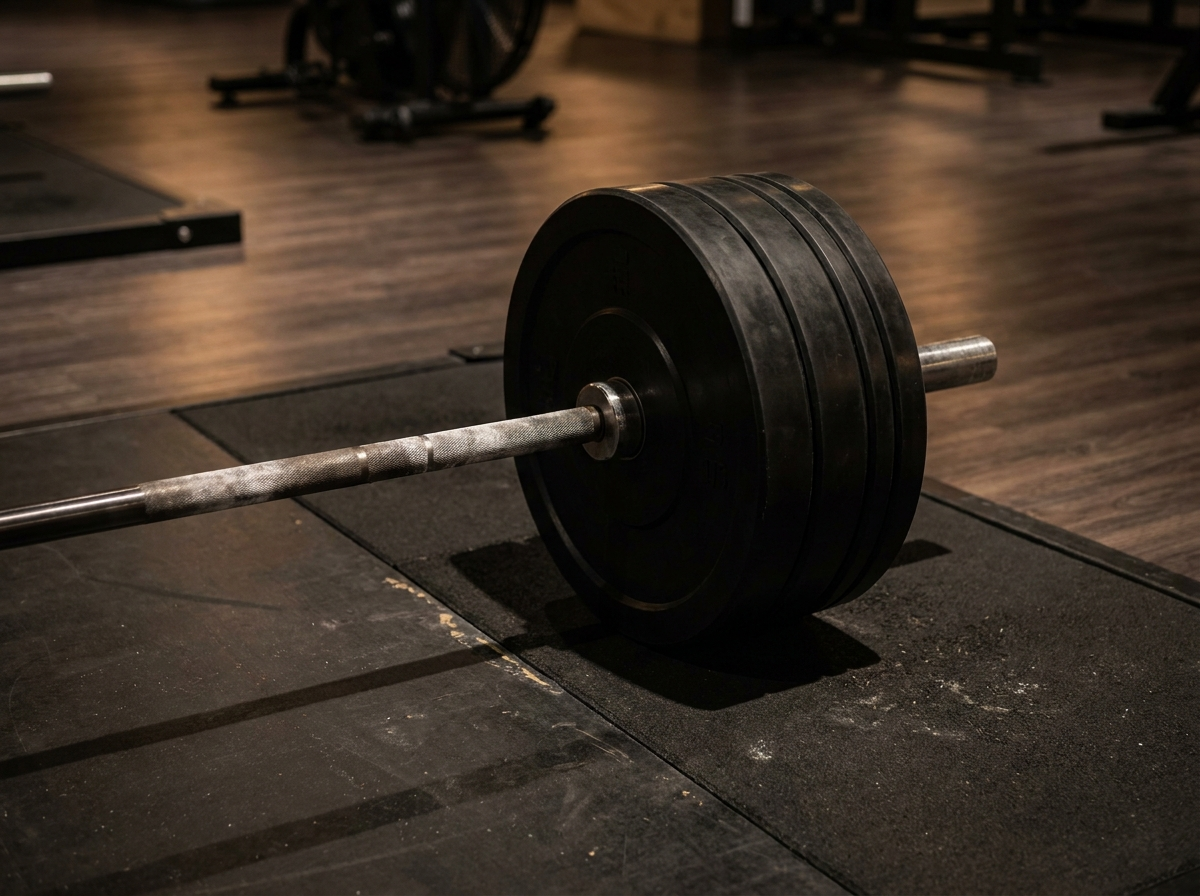 Geriffelte Olympia-Langhantel mit schwarzen Bumper-Plates auf einer Hebeplattform