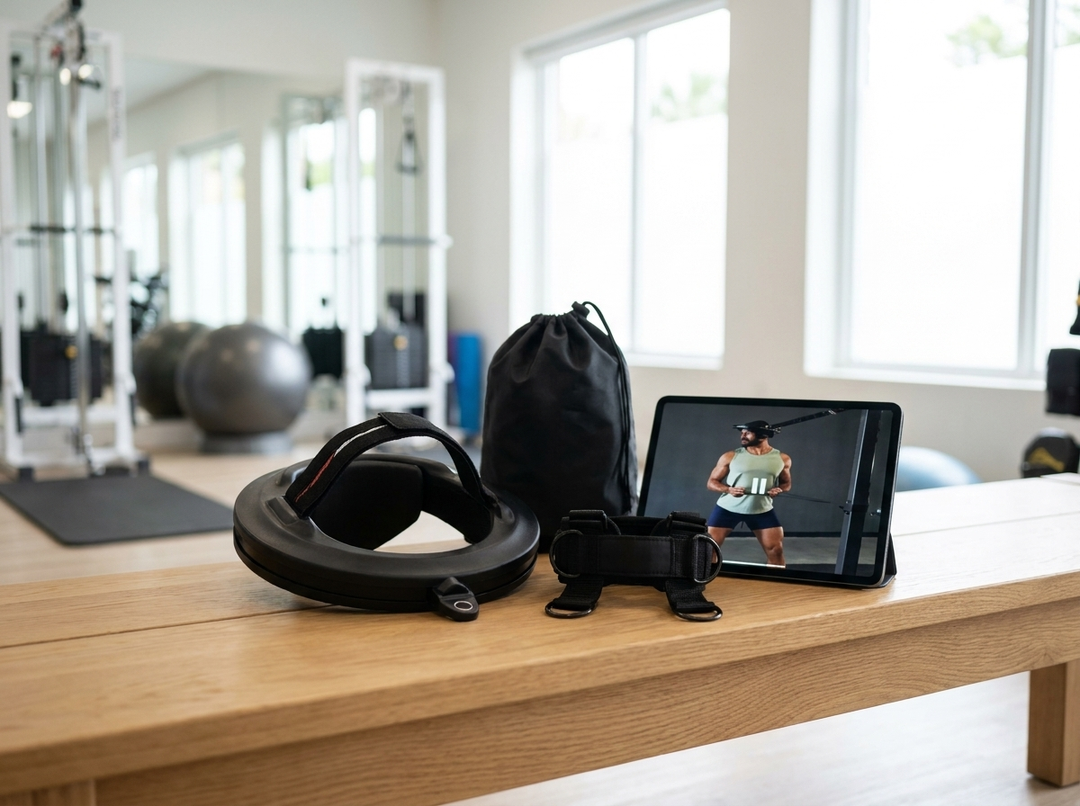 Iron Neck neck training system with harness and accessories on a bench in the rehab gym
