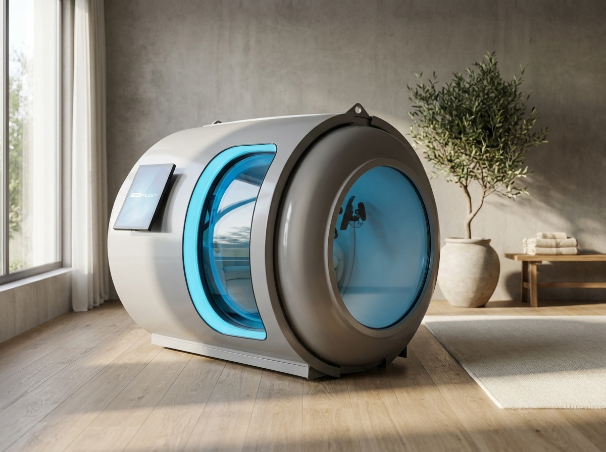 ProReset Atlantis 2-Sitz Hyperbarkammer mit Panoramafenster in einem hochwertigen Wellness- und Recovery-Studio