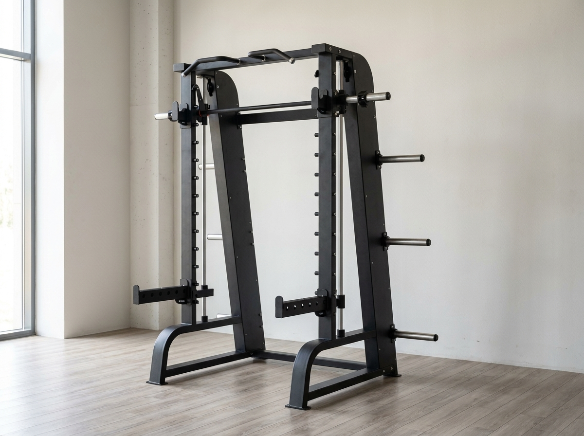 Smith Machine mit Linearlager und integriertem Rack in einer hellen Studio-Ecke