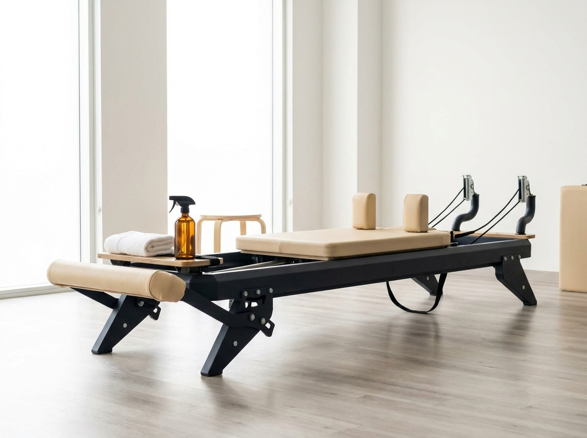 Sauberer Pilates-Reformer mit Tuch und Sprühflasche für die Studio-Hygiene