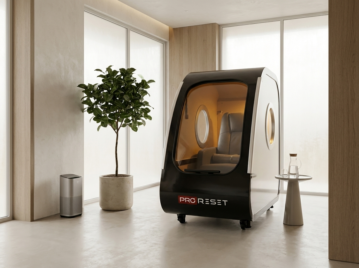 Sitzende hyperbare Sauerstoffkammer mit Panoramafenstern in einem Longevity-Studio