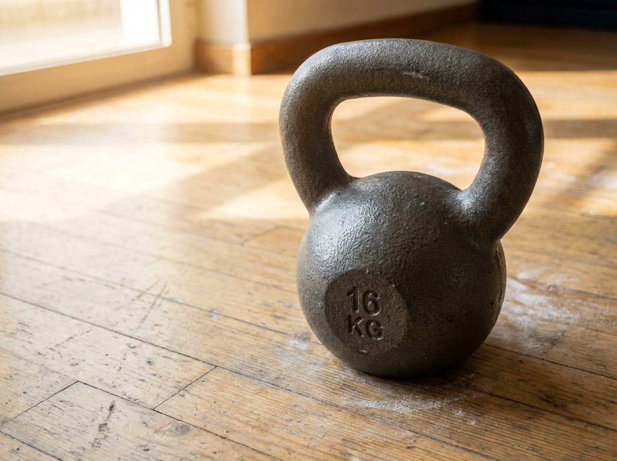 Nahaufnahme einer pulverbeschichteten Gusseisen-Kettlebell auf einem Holzboden
