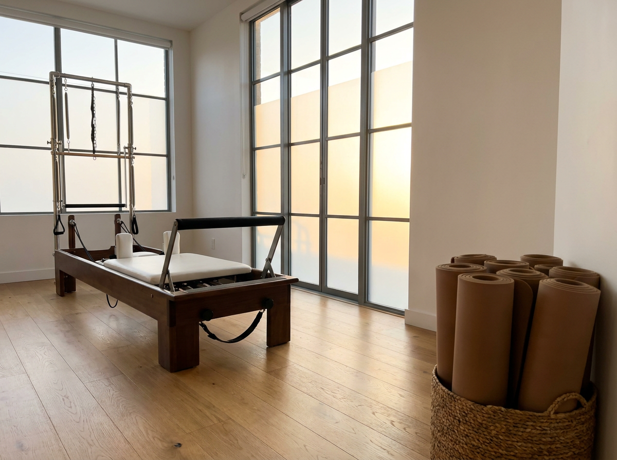 Modernes Pilates-Studio mit einem Reformer und aufgerollten Matten