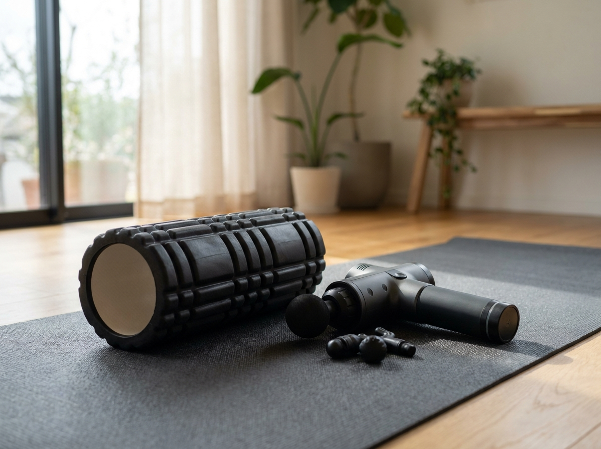 Faszienrolle und Massagepistole auf einer grauen Trainingsmatte