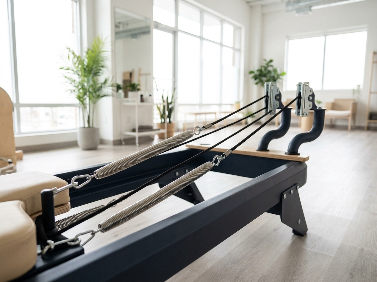 Hegren TALMA 62 Studio-Reformer mit Stahlrahmen und Feder-System in einem hellen Pilates-Studio