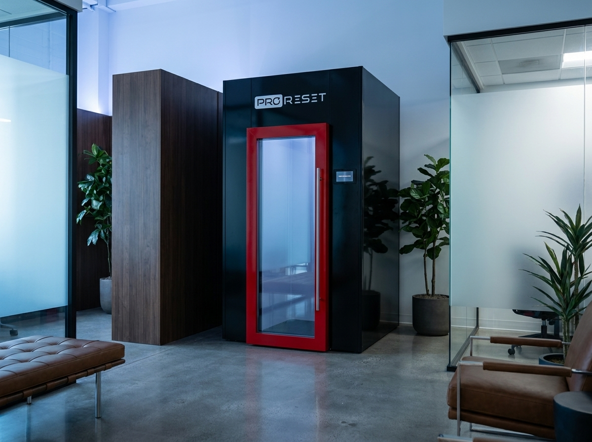 Chambre de cryothérapie électrique accessible à pied pour tout le corps, installée dans un studio de récupération moderne