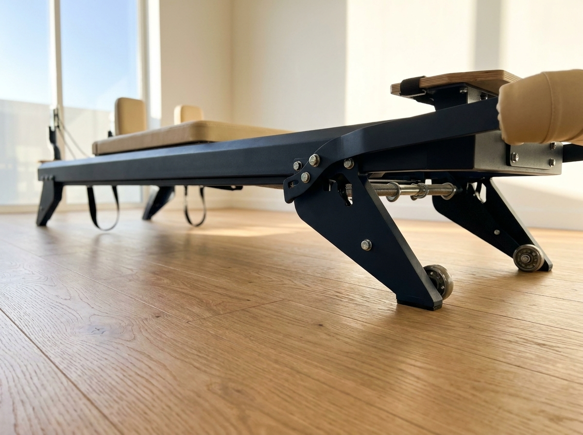 Hegren Reformer mit Stahlrahmen auf einem professionellen Studio-Holzboden, Blick auf Boden und Rollen