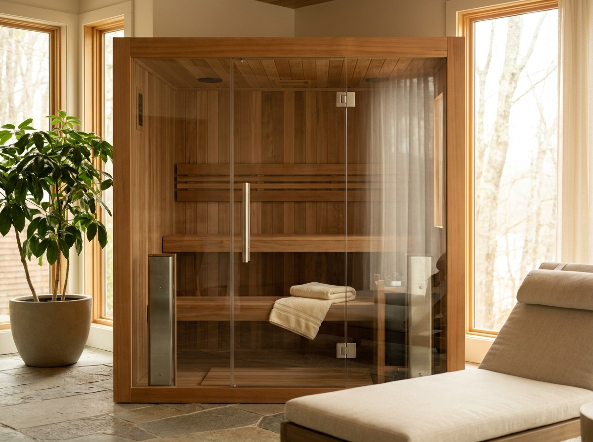 Moderne Infrarotsauna mit Glasfront und Zedernholz in einem hellen Wellnessraum