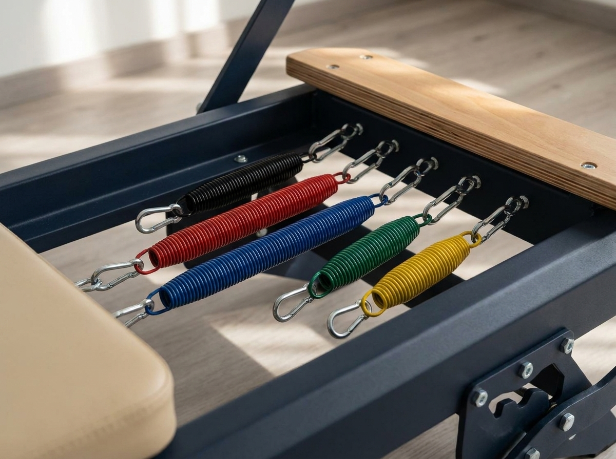 Nahaufnahme der farbigen Widerstandsfedern eines Pilates Reformers