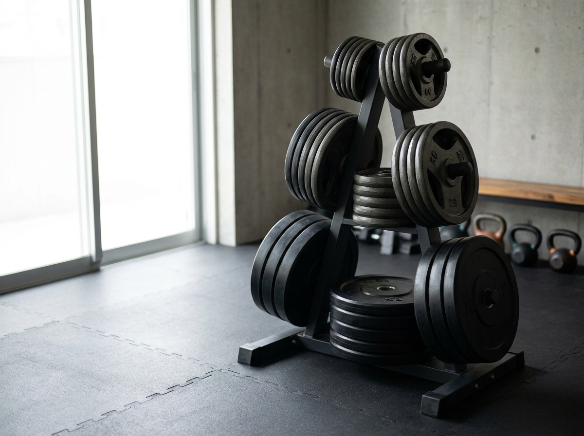 Ordentlich sortierter Hantelscheibenstaender mit Guss- und Bumper-Gewichtsscheiben im Home-Gym