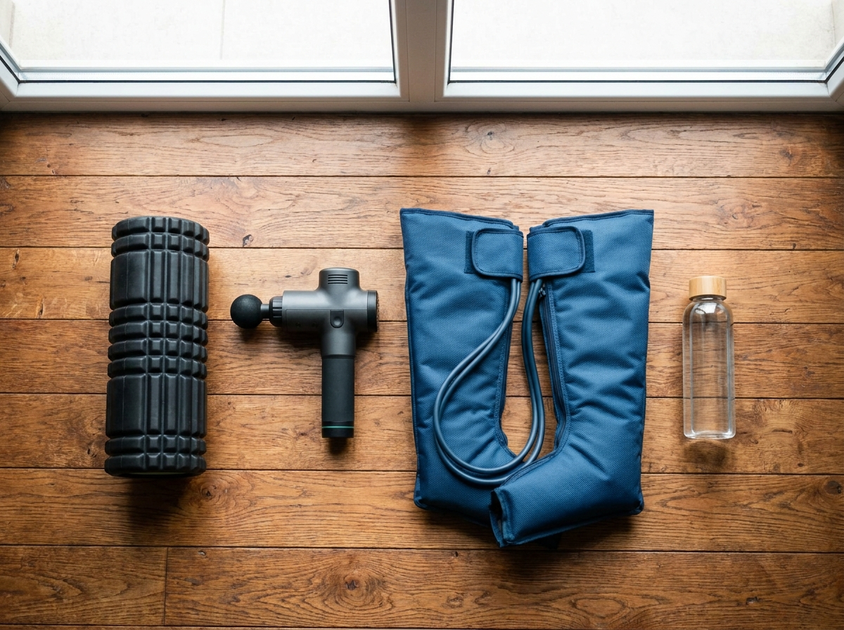 Strumenti per il recupero in una composizione flatlay: rullo miofasciale, pistola massaggiante, stivali a compressione e borraccia