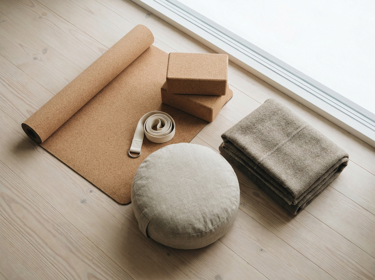 Flatlay von Yoga-Zubehör: Korkmatte, Blöcke, Gurt, Bolster und Decke von oben