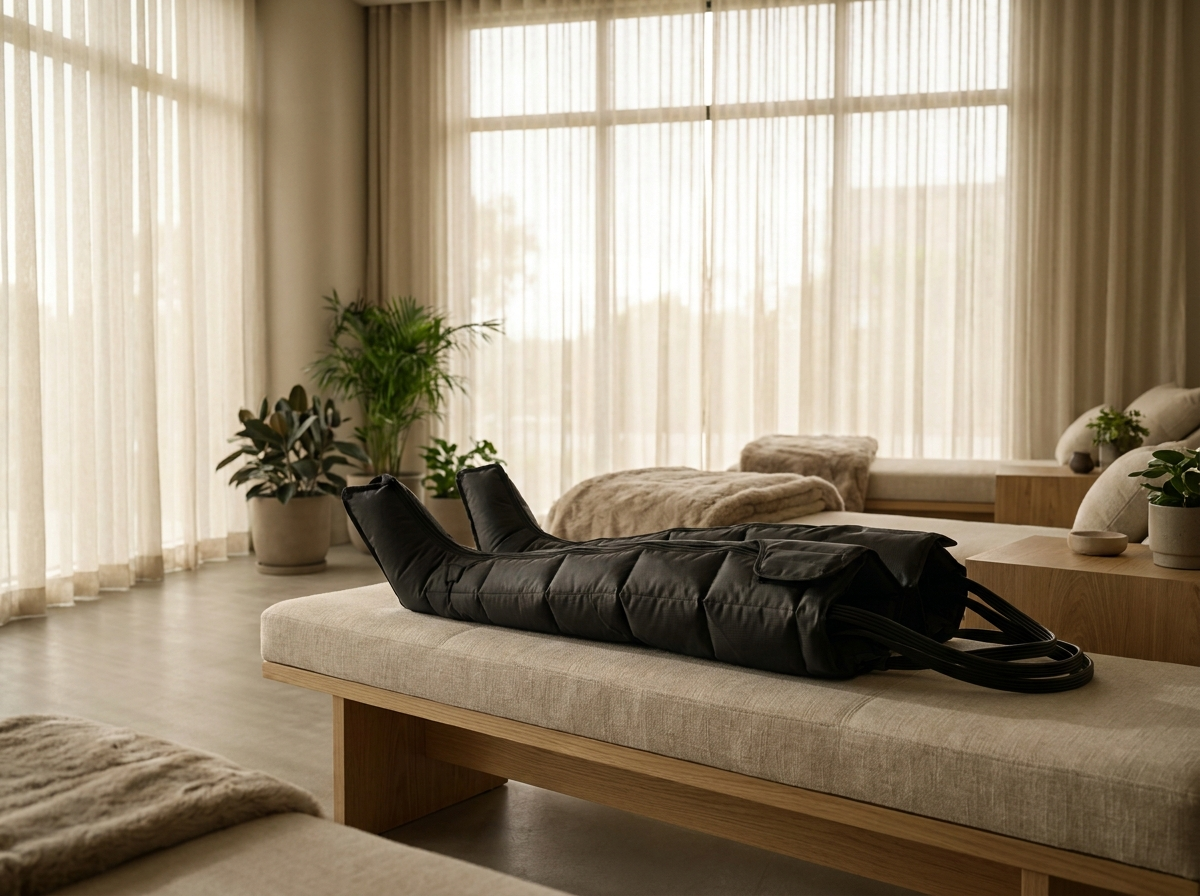 Recovery boots on a bench in a quiet, minimalist wellness studio