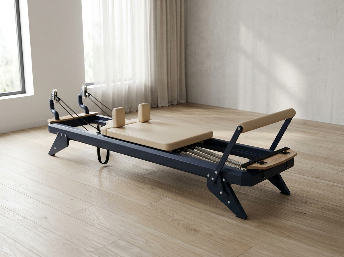 Studio-Reformer mit Stahlrahmen und Federsystem im Dreiviertelblick in einem minimalistischen Pilatesstudio