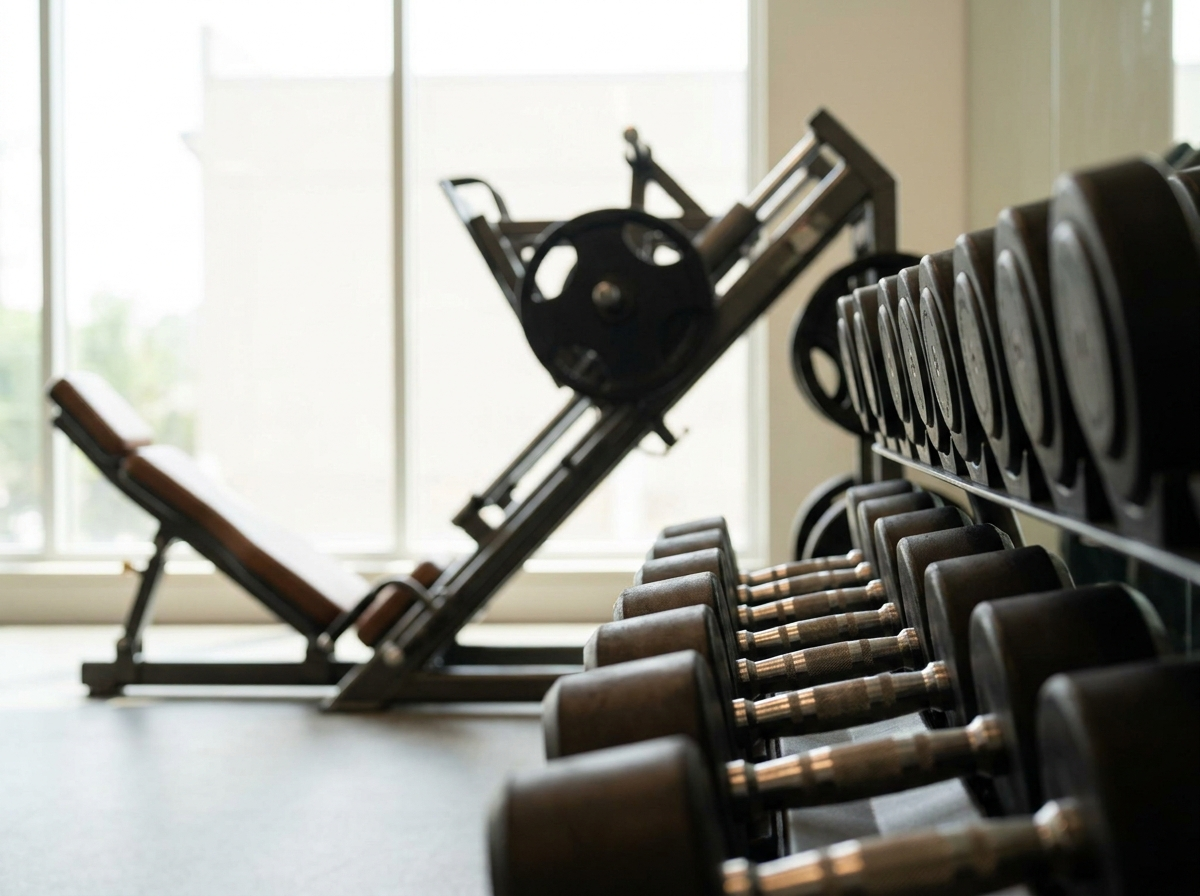 Hex-Kurzhanteln und eine Beinpresse in einem hellen Studio für gezieltes Beintraining