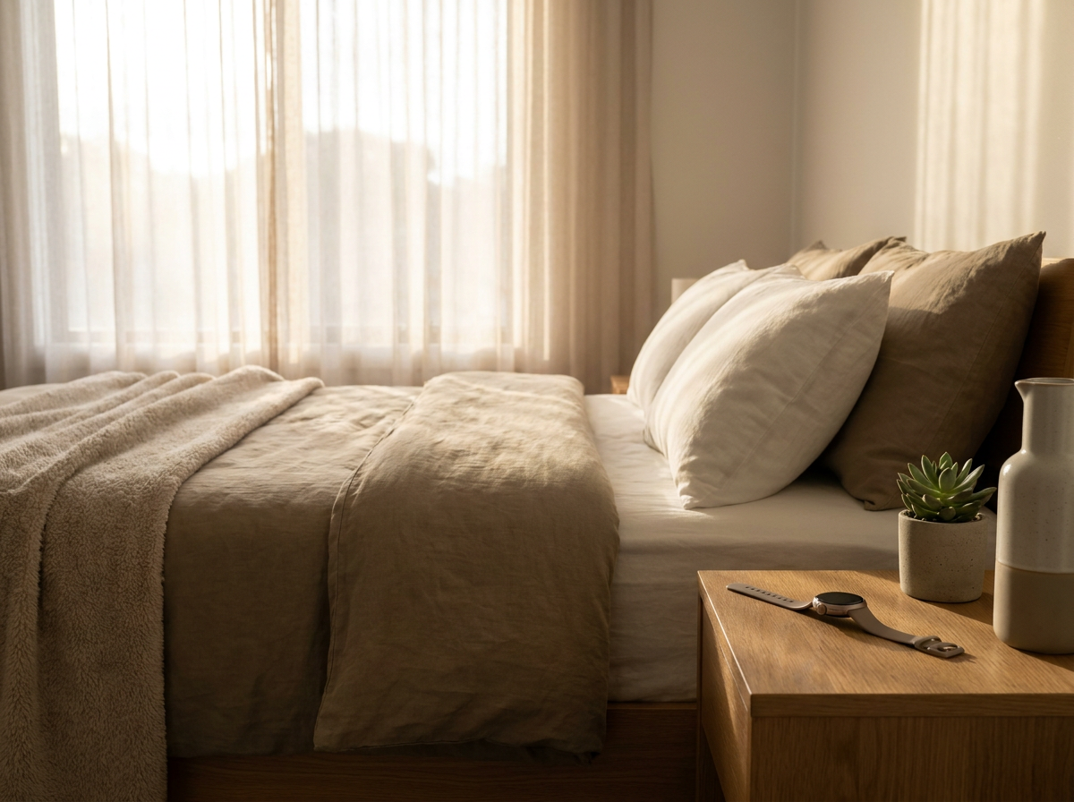 A quiet bedroom with natural light and a fitness tracker as a symbol of sleep and recovery
