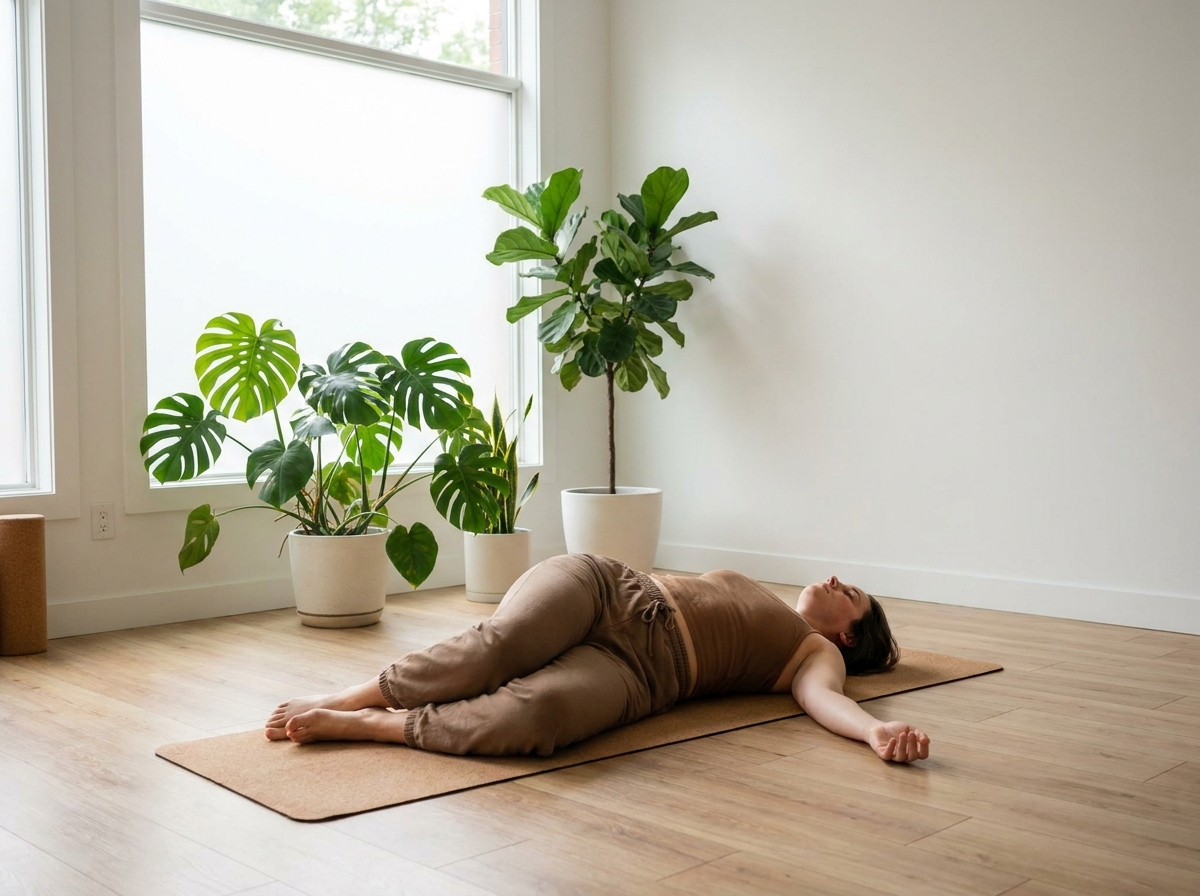Person führt auf einer Yogamatte einen sanften liegenden Drehsitz zur Entlastung des Rückens aus