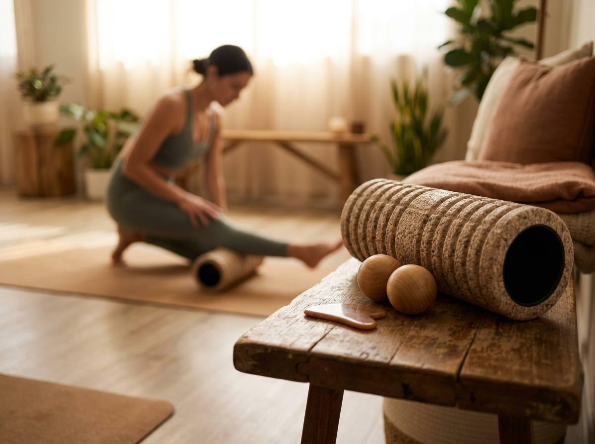 A foam roller and massage tools on a wooden bench; an athlete is rolling his thigh in the recovery studio