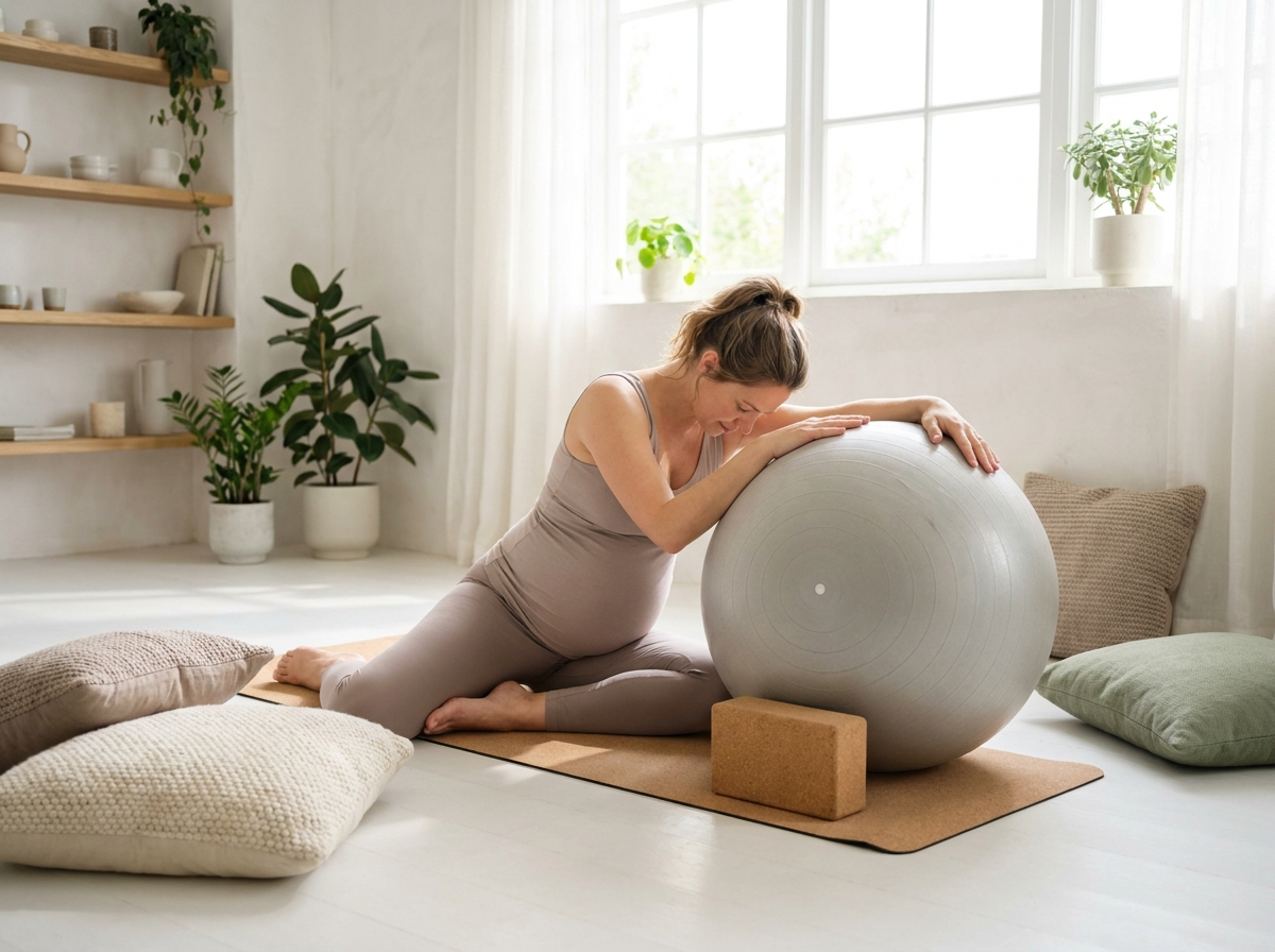 Schwangere Frau bei einer gestützten Dehnung mit Yoga-Block und Ball auf der Matte