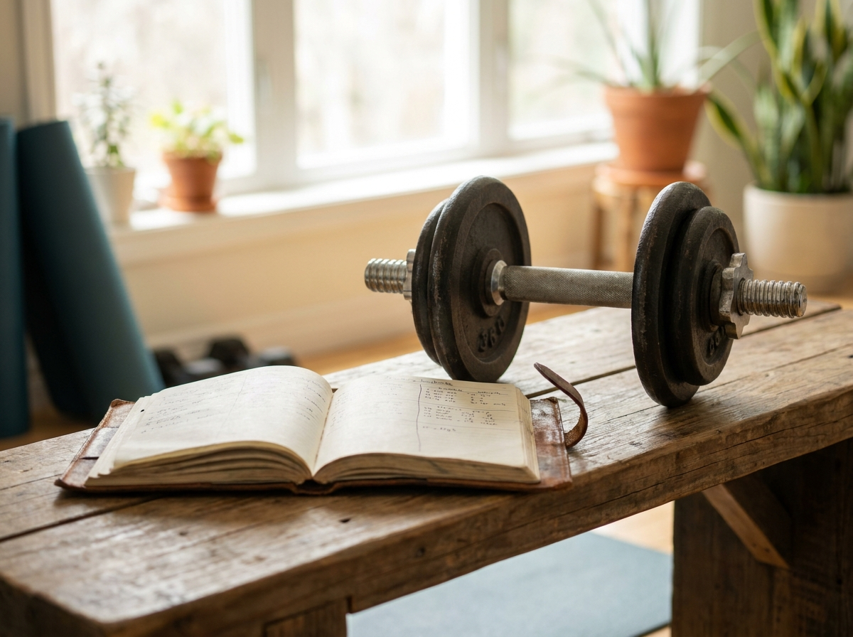 Verstellbare Hantel und Trainingslogbuch auf einer Bank – Trainingsvolumen dokumentieren