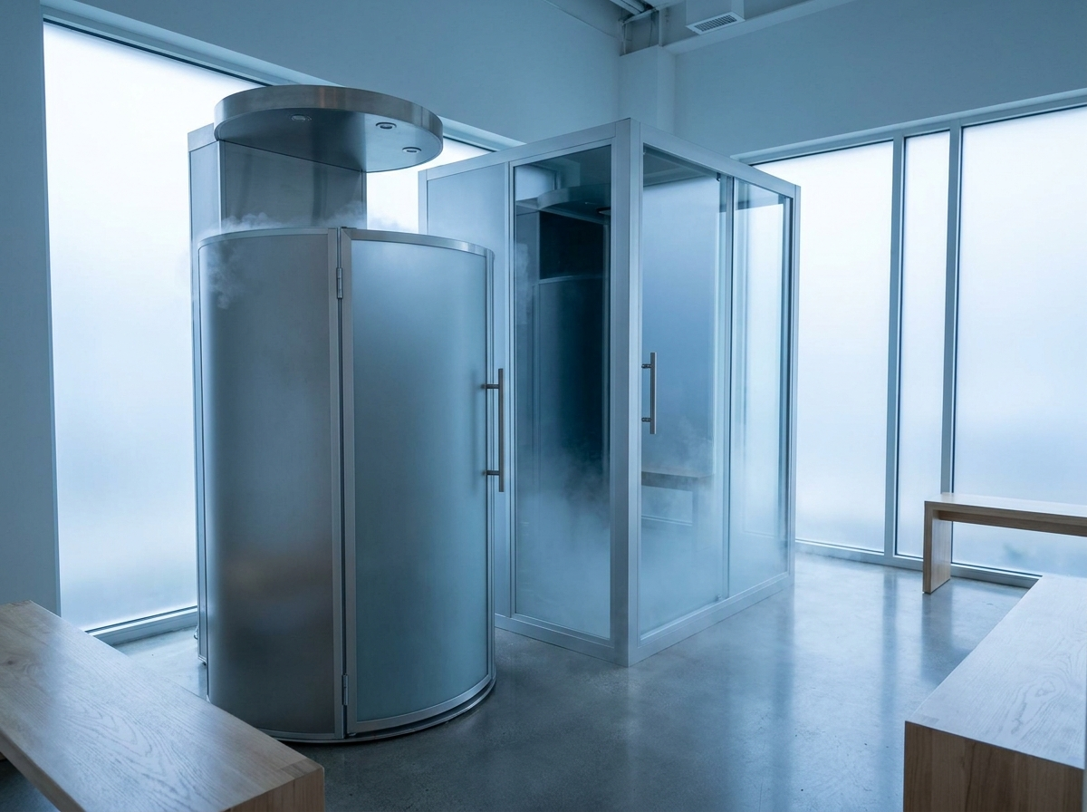An open cryosauna cabin next to a walk-in cold chamber in a bright recovery studio