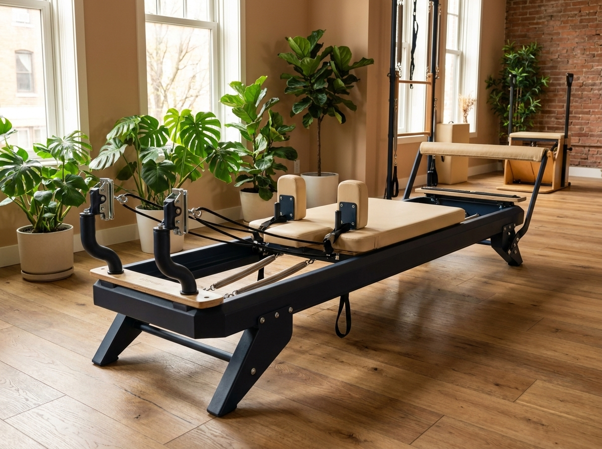 Hegren TALMA 62 Reformer in einem boutique Pilates-Studio – Dreiviertelansicht mit Wagen und Federn