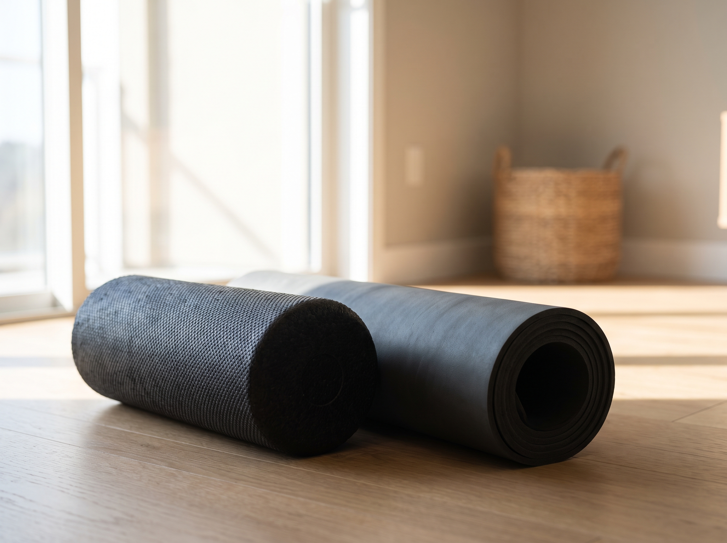 Schwarzer Foam Roller und gerollte Mobility-Matte auf hellem Holzboden