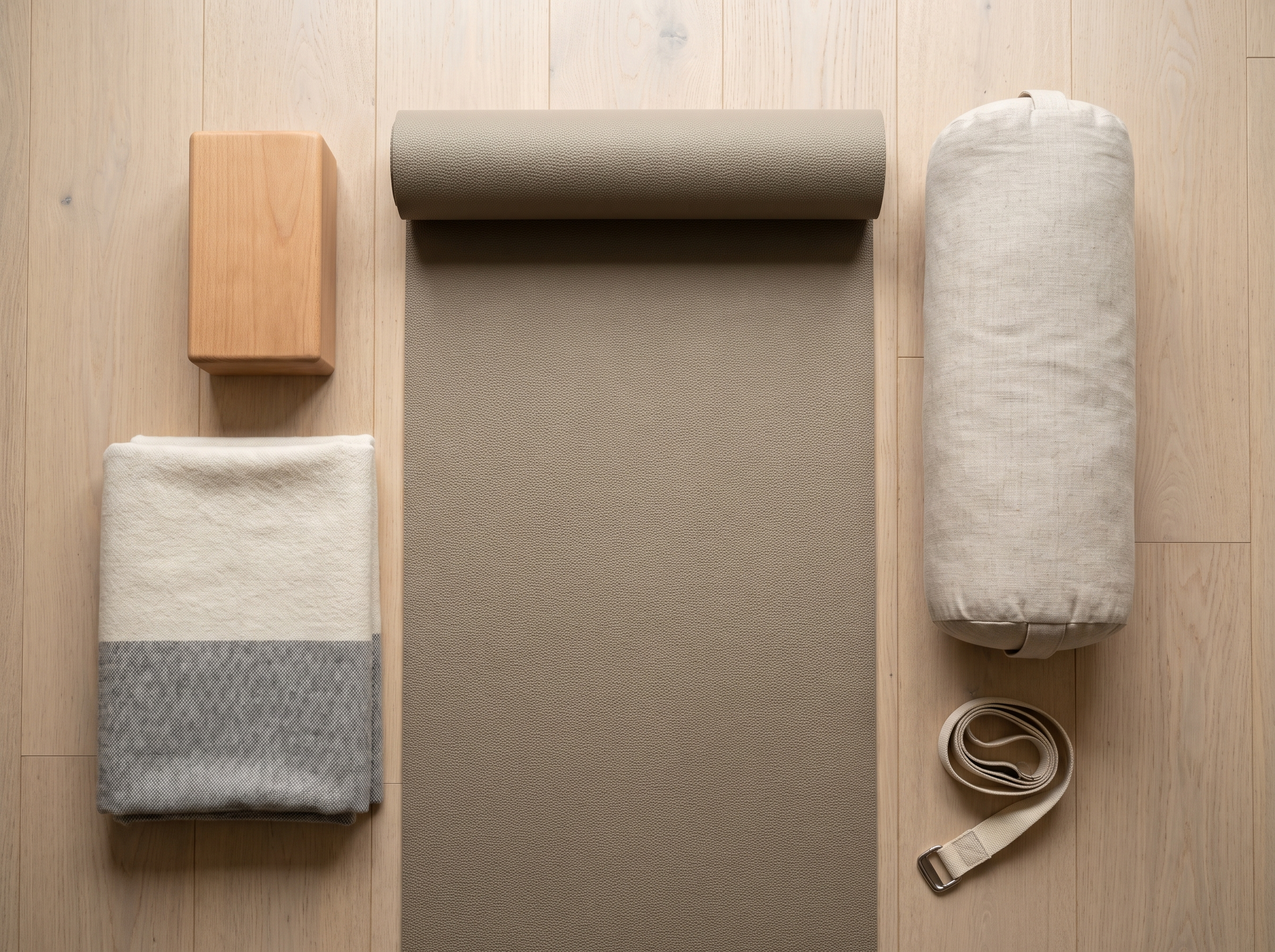 Flat-Lay mit Yogamatte, Holzblock, Decke, Bolster und Gurt auf hellem Holzboden