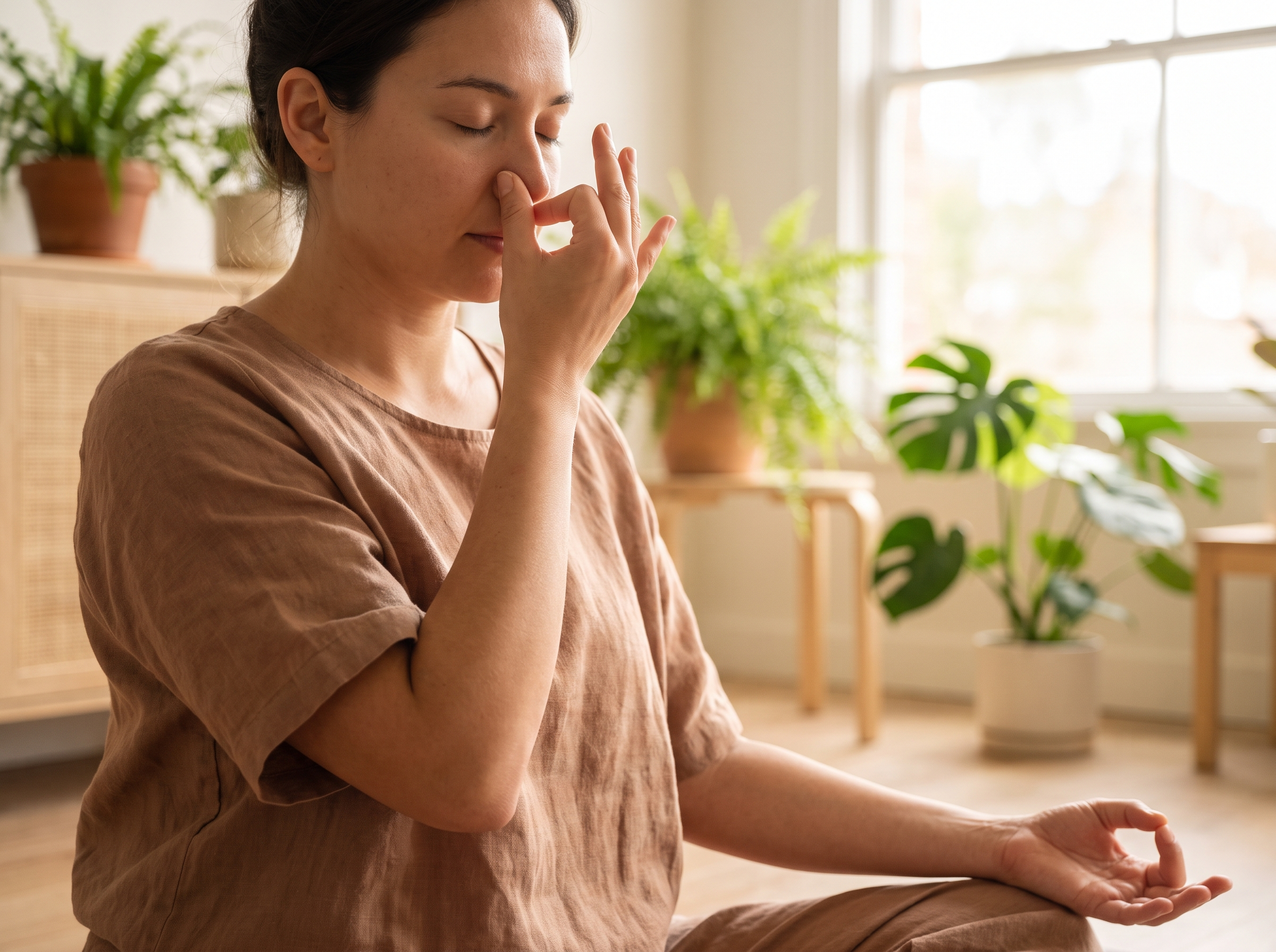 Person bei der Wechselatmung Nadi Shodhana im ruhigen Studio - Pranayama Technik