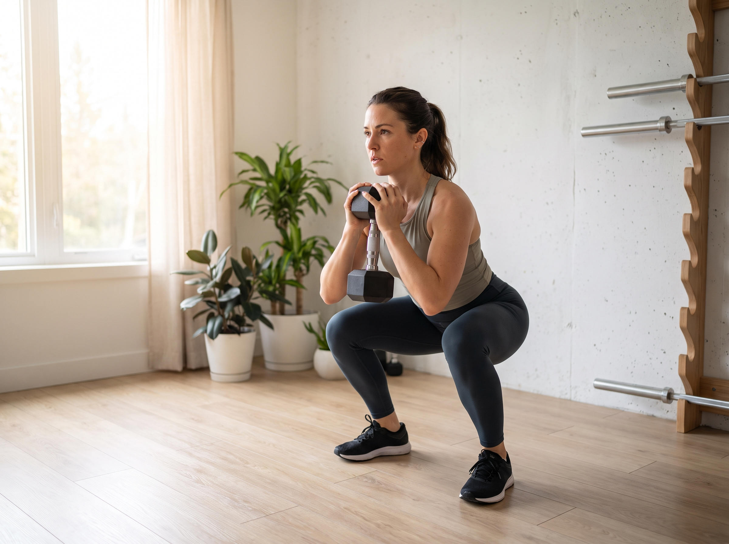 Frau führt einen Goblet Squat mit einer Kurzhantel im Home-Gym aus
