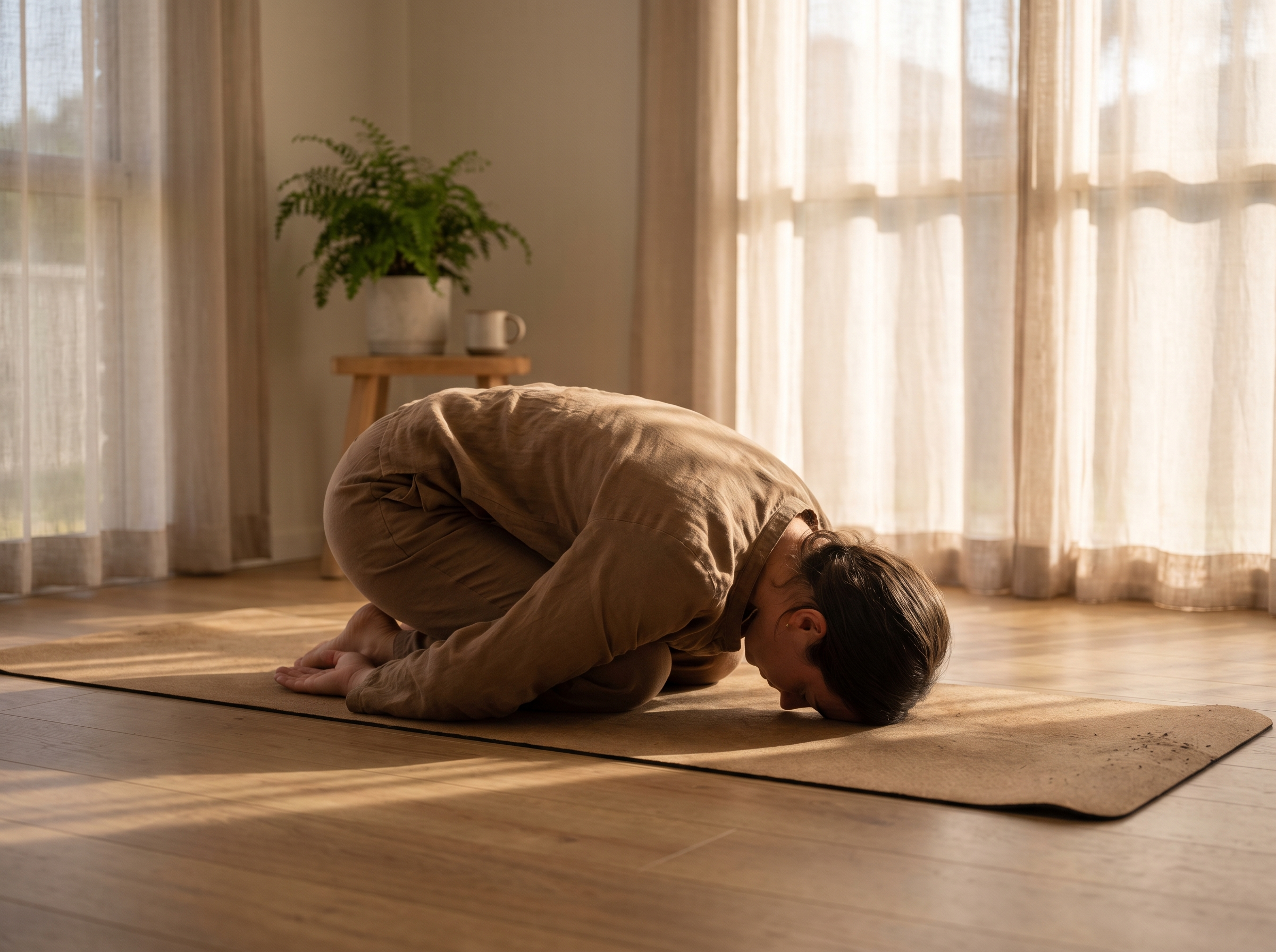 Person in der entspannenden Kindhaltung auf einer Yogamatte in einem ruhigen, sonnigen Raum