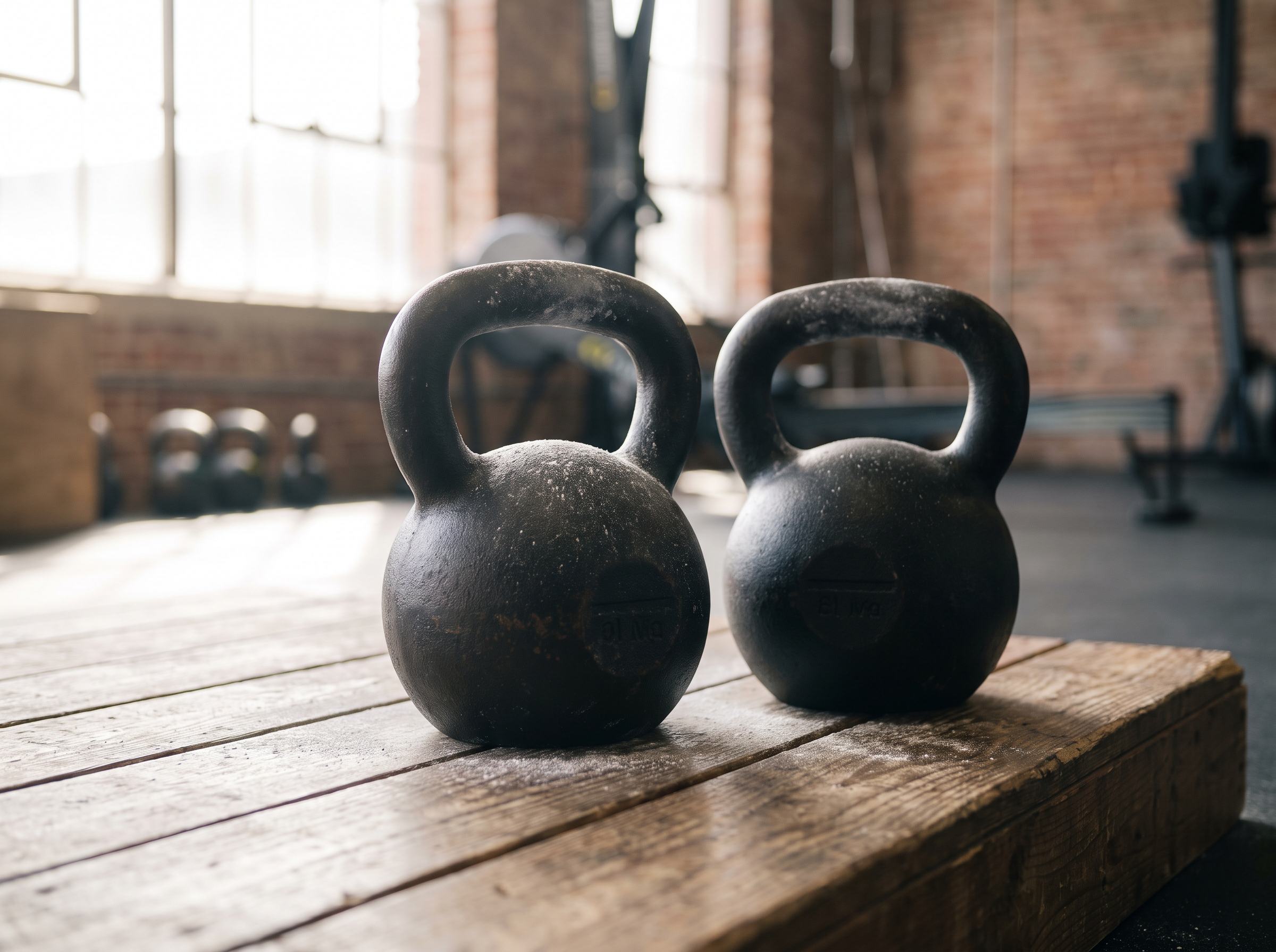 Zwei gusseiserne Kettlebells mit mattem Finish auf einer Holzplattform im hellen Trainingsbereich