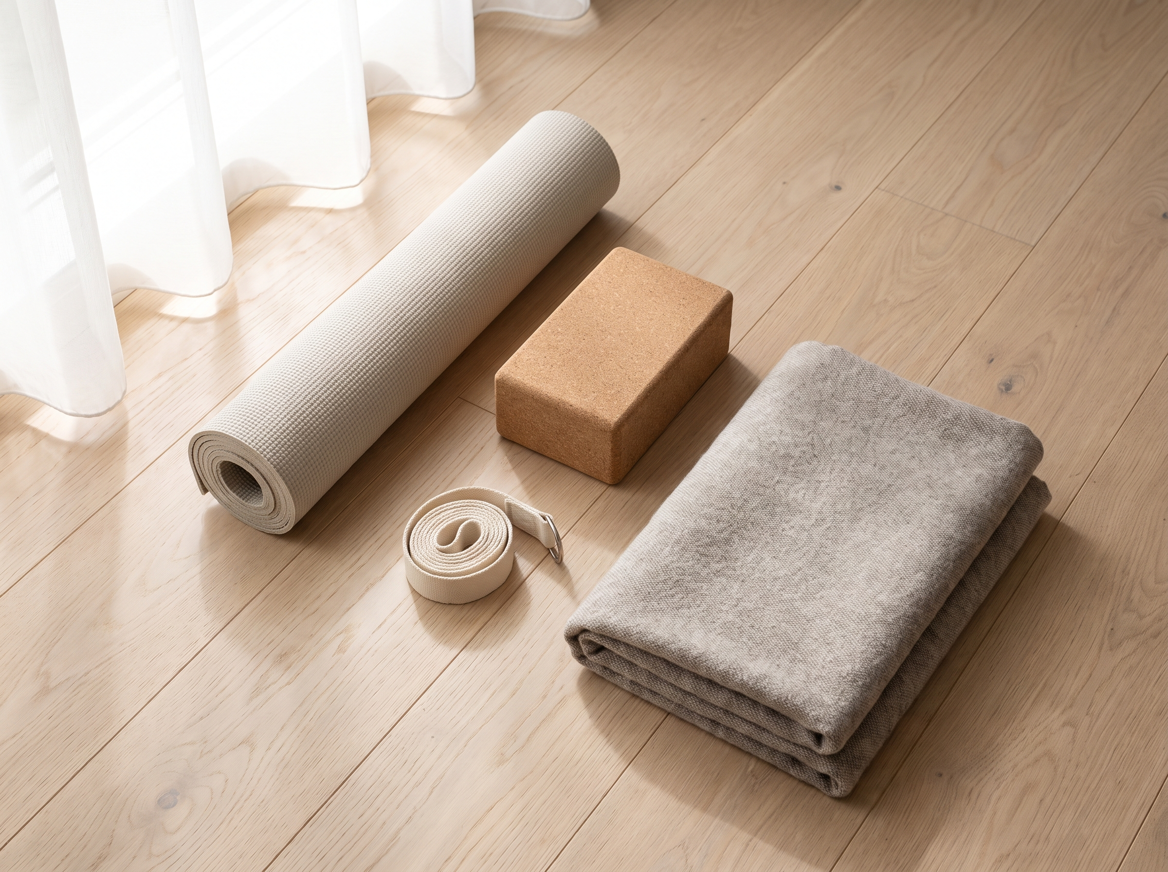 Flatlay mit Yogamatte, Kork-Block, Baumwollgurt und gefalteter Decke im weichen Morgenlicht