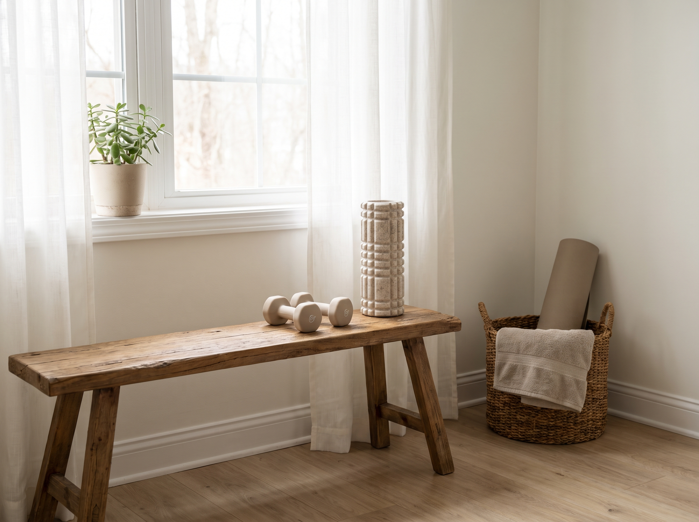 Aufgeräumte Home-Gym-Ecke an einem Ruhetag mit leichten Kurzhanteln und Faszienrolle auf einer Holzbank