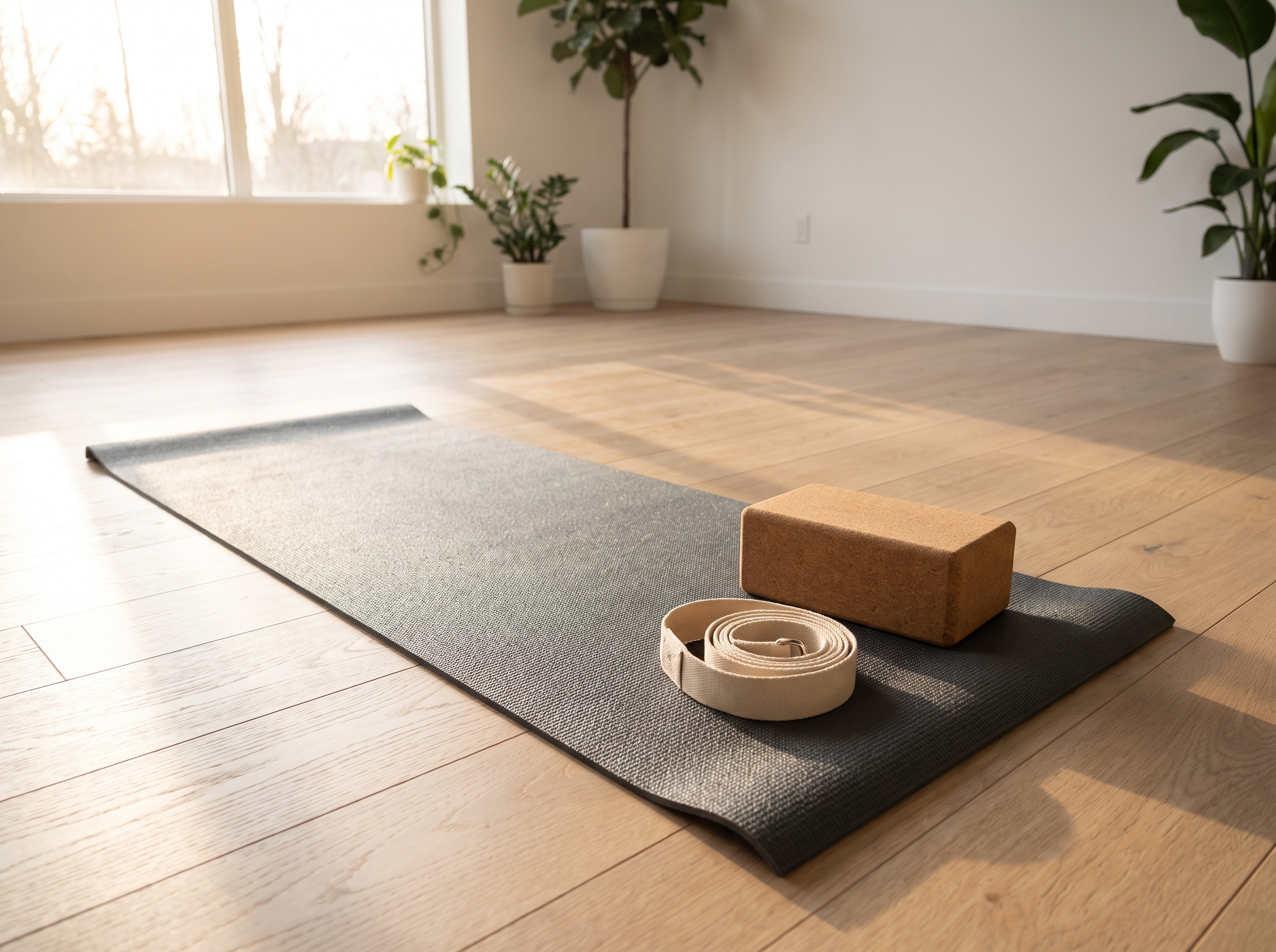 Ausgerollte Yoga-Matte mit Block und Gurt auf hellem Holzboden