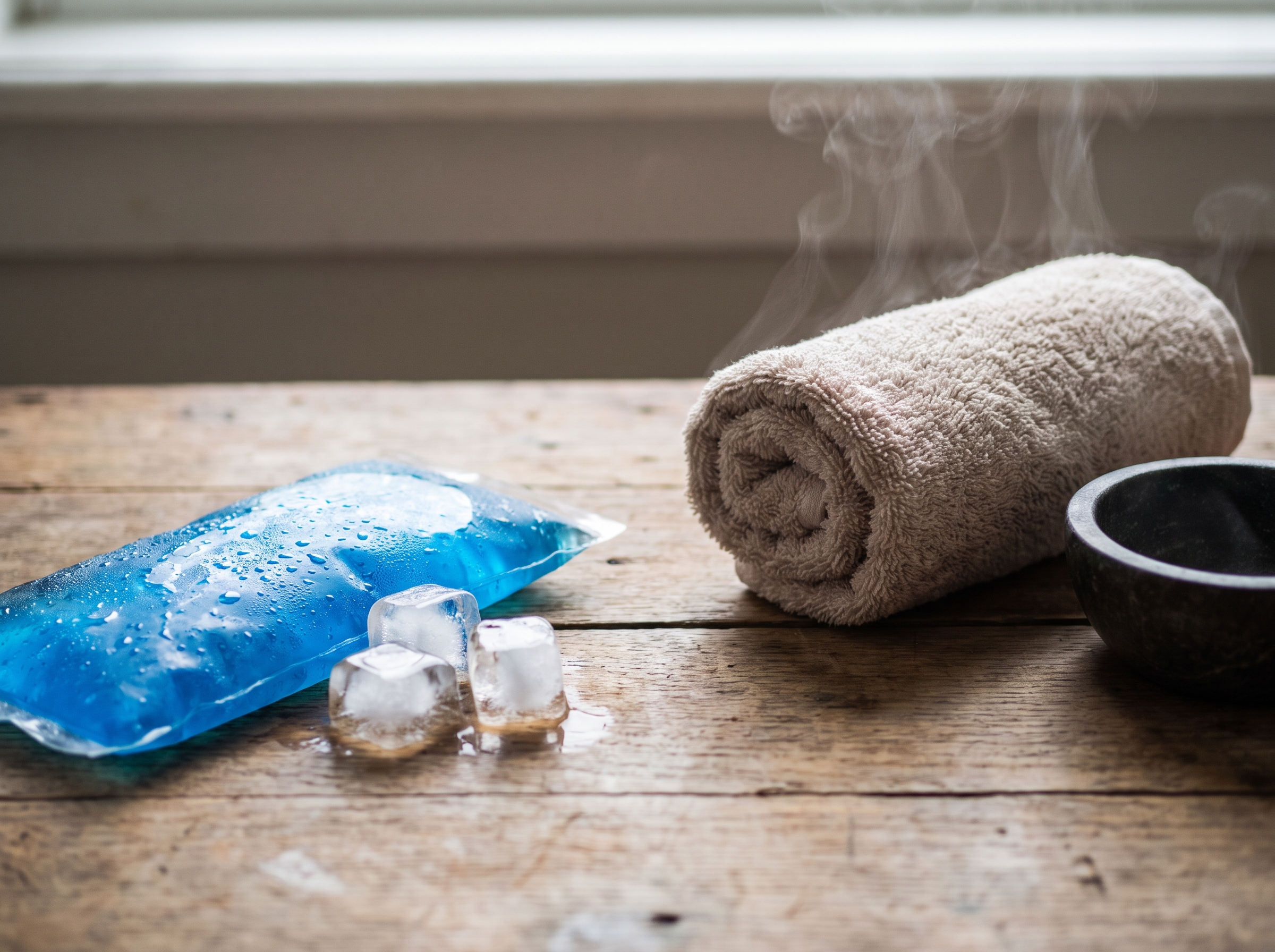 Kühlpack und warmes Handtuch nebeneinander auf einem Holztisch als Sinnbild für Wärme und Kälte