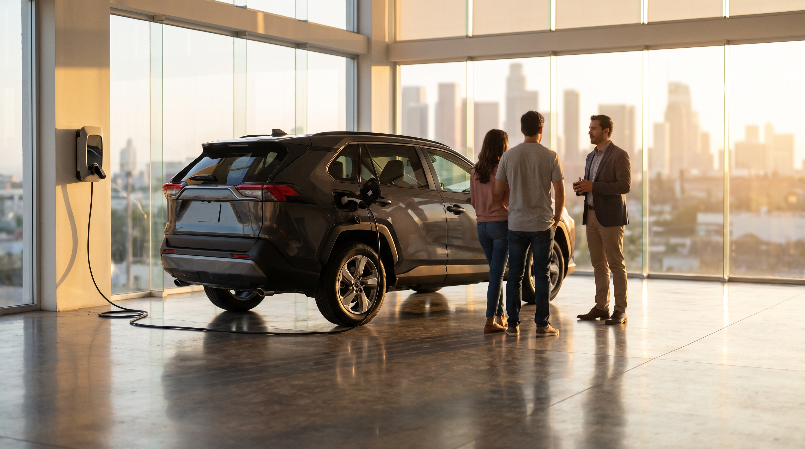 Autos electrificados en México: SUV híbrida junto a cargador en showroom de agencia, agosto 2026